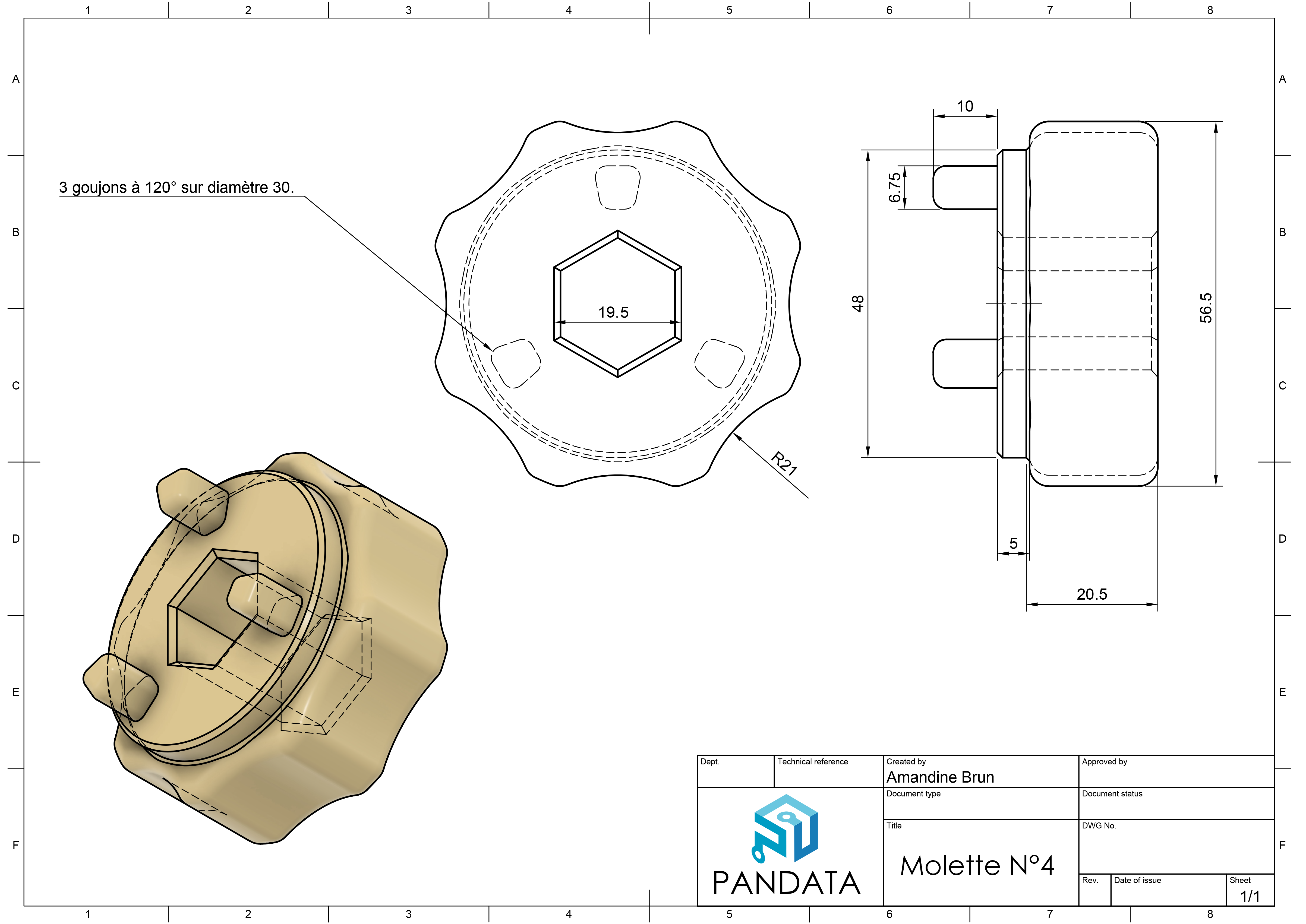 Dessin technique 2D et vue 3D d'une molette à 6 pans